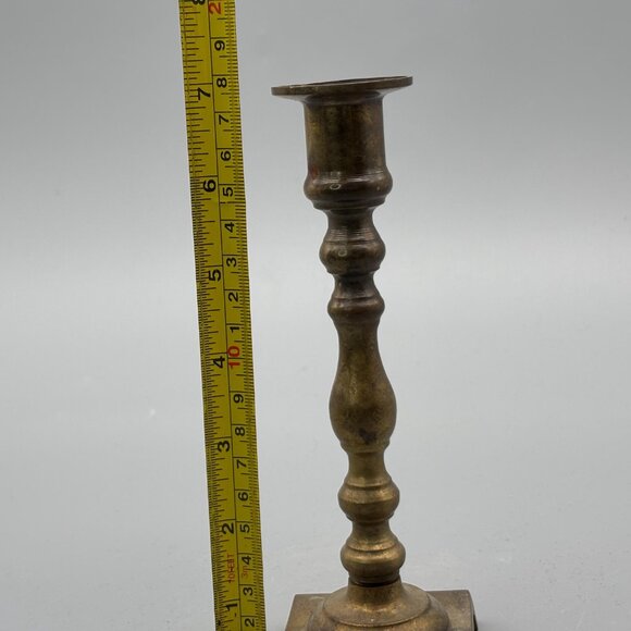 Vintage Brass Taper Candle Holder With Tall Turned Column And Square Footed Base - Picture 8 of 8
